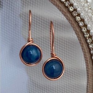 Blue Kyanite and Copper Wire Wrapped Minimalist Drop Earrings